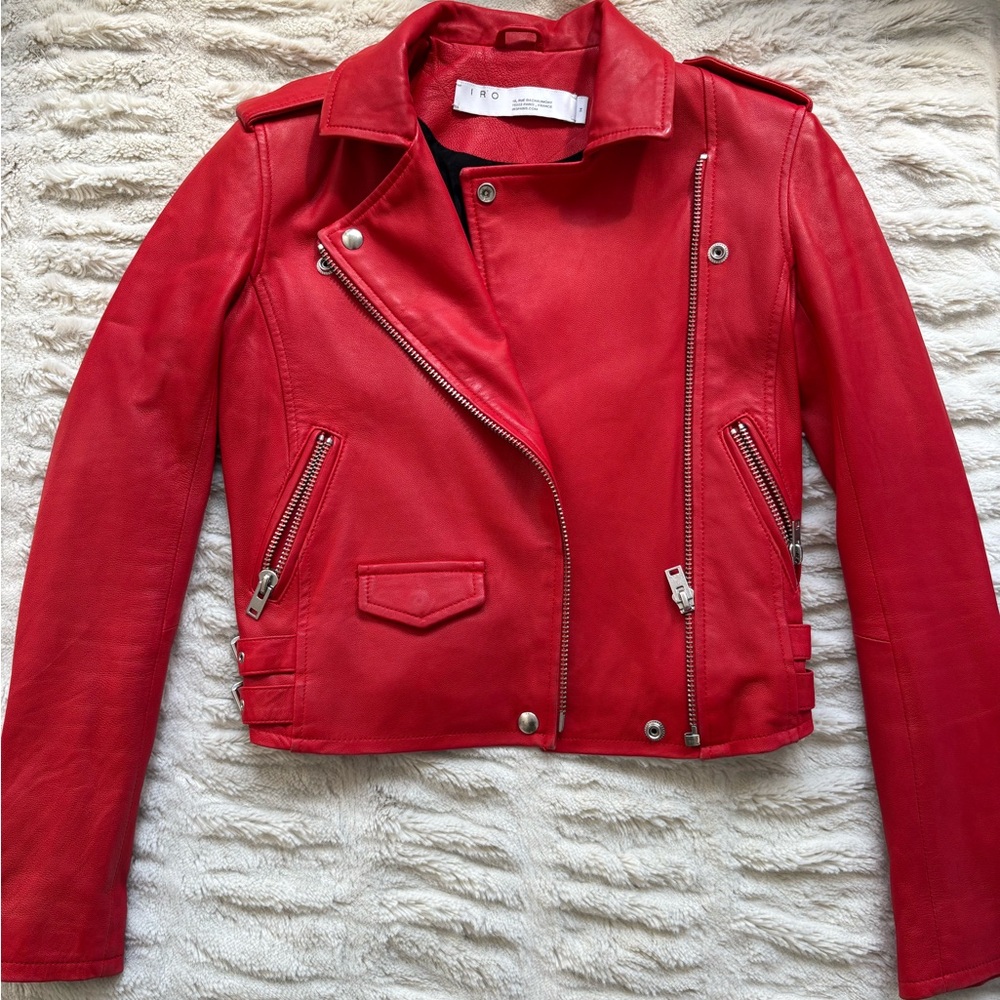 Vibrant Red Cropped Leather Moto Jacket